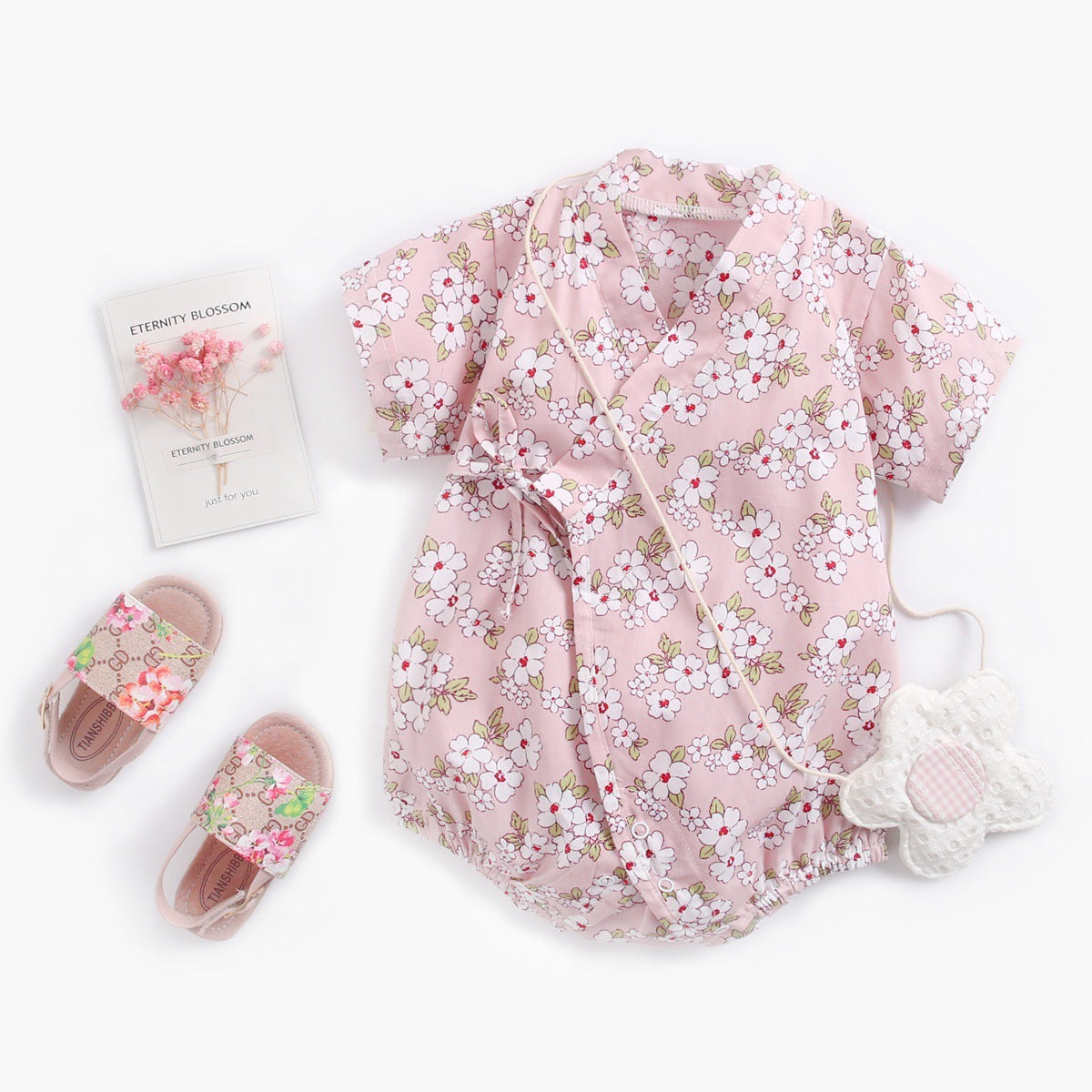 Summer Cotton Onesie with Lace-up Straps Yukata style