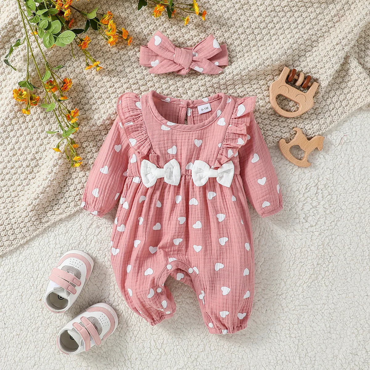 Floral Bow Baby Jumpsuit & Headband Set 0-6M