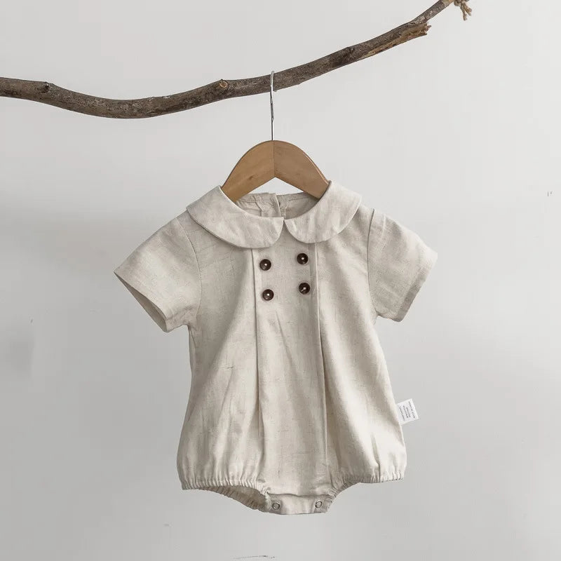 MILANCEL Baby Bodysuit – Striped Cotton Linen One-Piece with Peter Pan Collar - Image #0