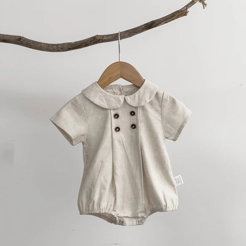 MILANCEL Baby Bodysuit – Striped Cotton Linen One-Piece with Peter Pan Collar - Image #0