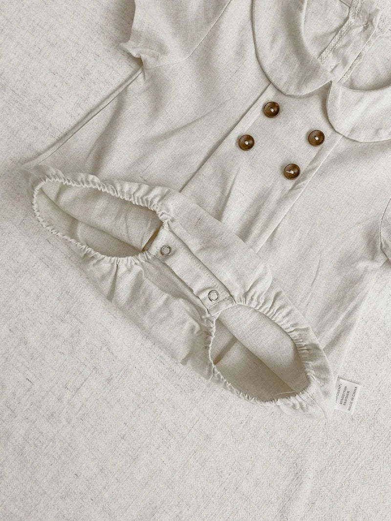 MILANCEL Baby Bodysuit – Striped Cotton Linen One-Piece with Peter Pan Collar - Image #0