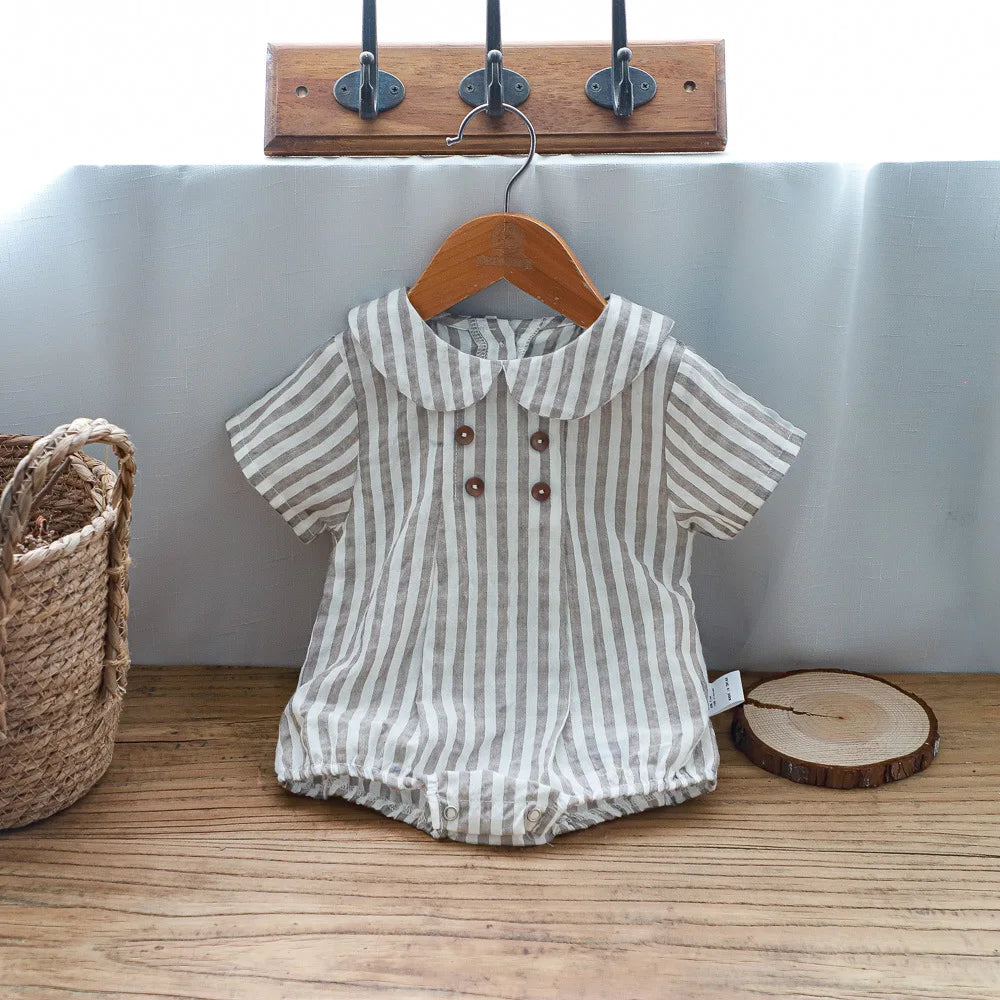 MILANCEL Baby Bodysuit – Striped Cotton Linen One-Piece with Peter Pan Collar - Image #0