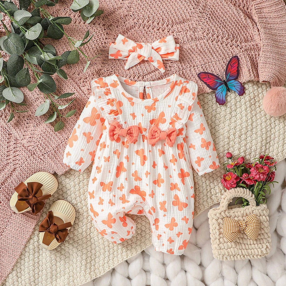 Floral Bow Baby Jumpsuit & Headband Set 0-6M