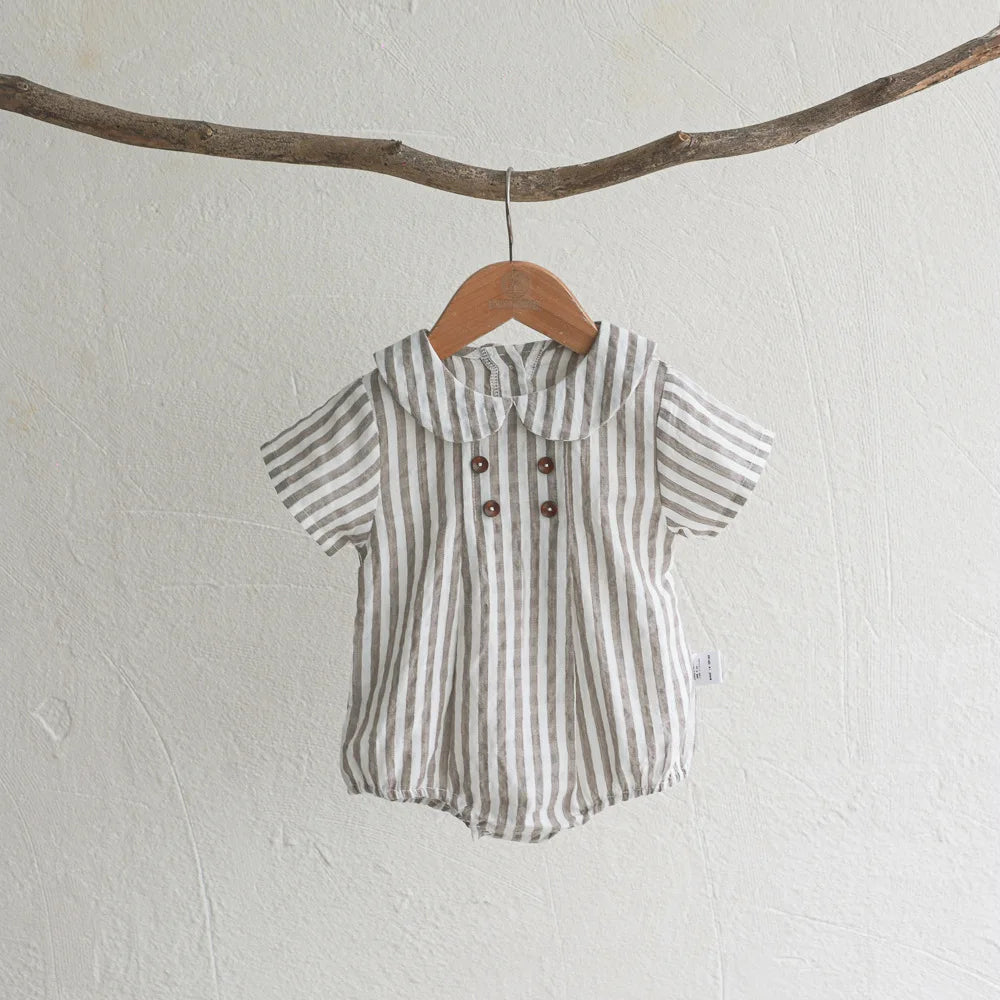 MILANCEL Baby Bodysuit – Striped Cotton Linen One-Piece with Peter Pan Collar - Image #0