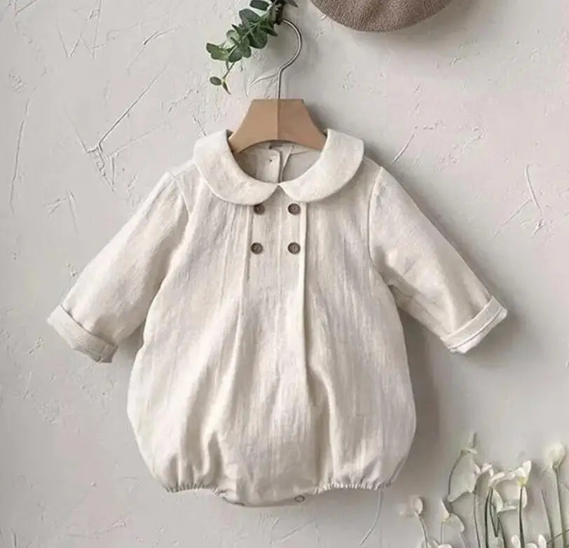 MILANCEL Baby Bodysuit – Striped Cotton Linen One-Piece with Peter Pan Collar - Image #0