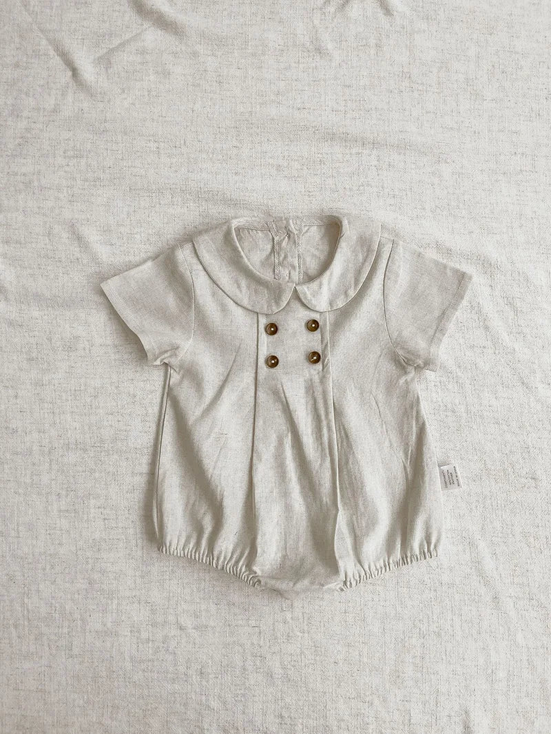 MILANCEL Baby Bodysuit – Striped Cotton Linen One-Piece with Peter Pan Collar - Image #0