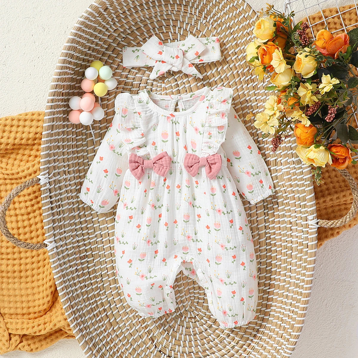 Floral Bow Baby Jumpsuit & Headband Set 0-6M